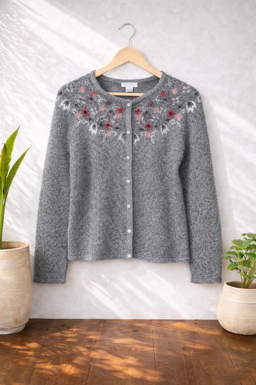 Vintage 2005 Christopher & Banks Floral Embroidered Cardigan | Angora Wool Blend